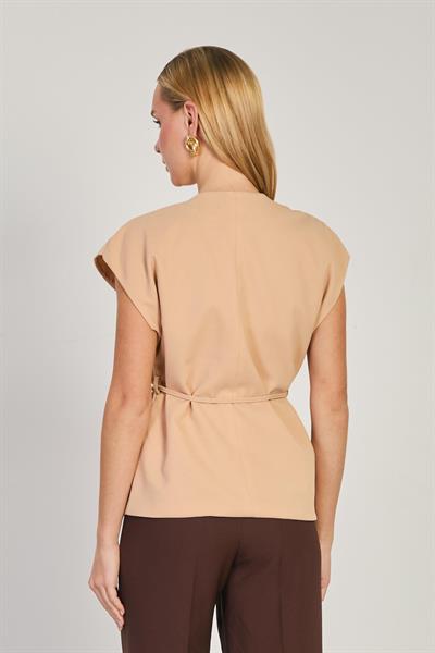 Kruvaze Yaka Tek Düğmeli İp Kemerli Yelek