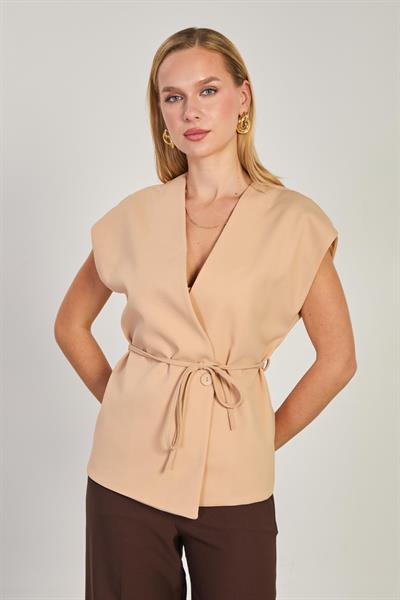 Kruvaze Yaka Tek Düğmeli İp Kemerli Yelek