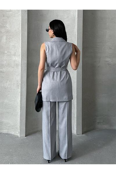 Kuşaklı Düğmeli Yelek Pantolon İkili Takım