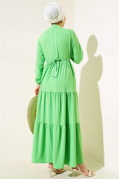 Kuşaklı Yarım Gizli Düğmeli Elbise