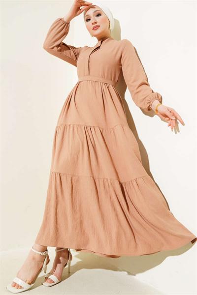 Kuşaklı Yarım Gizli Düğmeli Elbise