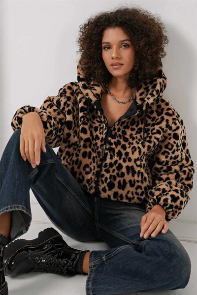 Leopar Desen Peluş Mont