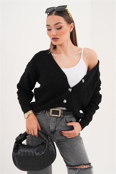 Motif Desenli Düğmeli Triko Hırka