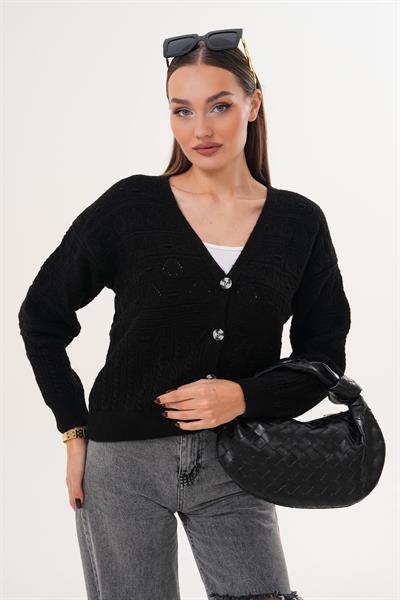 Motif Desenli Düğmeli Triko Hırka