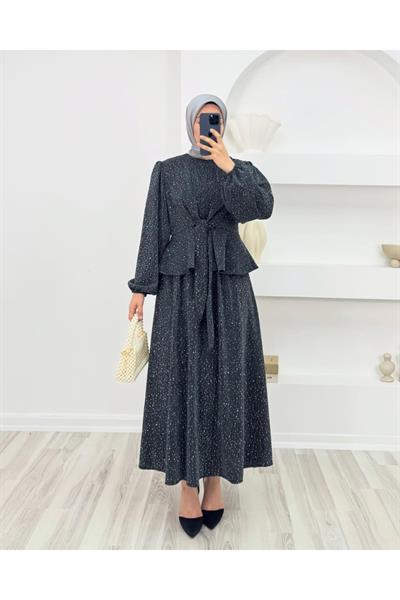 Önden Bağlamalı Taşlı Etekli Takım