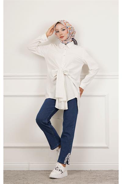 Önü Bağcıklı Krinkıl Keten Tunik