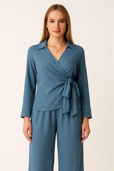 Önü Bağlamalı Gömlek Pantolon İkili Takım