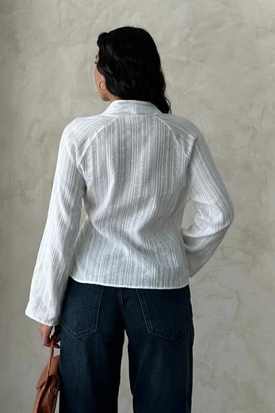 Önü Bağlamalı Keten Bluz