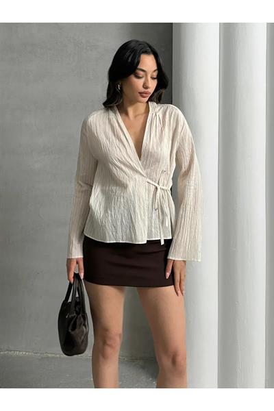Önü Bağlamalı Keten Bluz