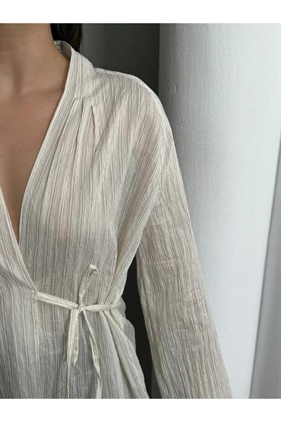 Önü Bağlamalı Keten Bluz