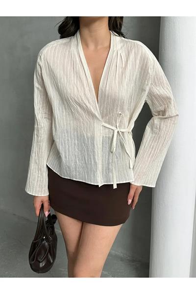 Önü Bağlamalı Keten Bluz