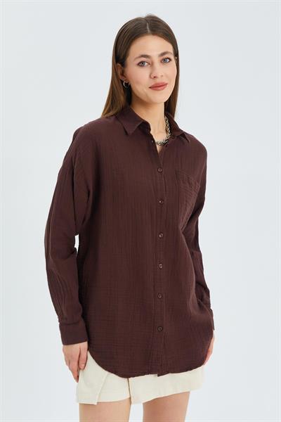 Önü Düğmeli Tek Cepli Oversize Müslin Gömlek
