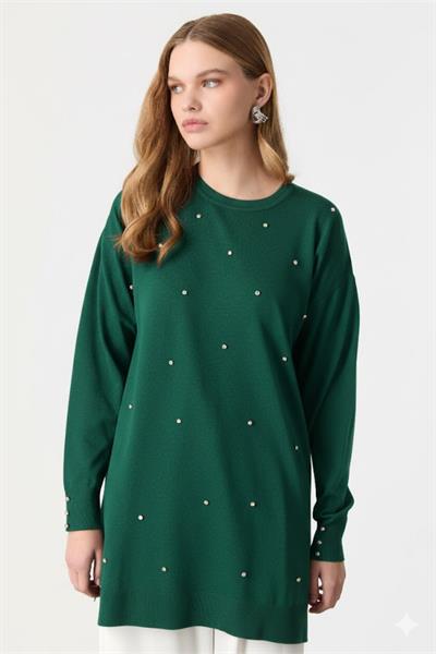 Önü Serpme Taşlı Yanı Yırtmaçlı Tunik