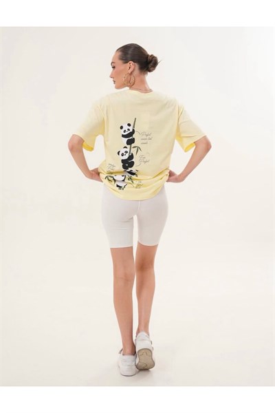 Önü ve Arkası Panda Baskılı Oversize Tshirt