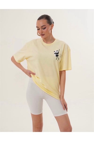 Önü ve Arkası Panda Baskılı Oversize Tshirt