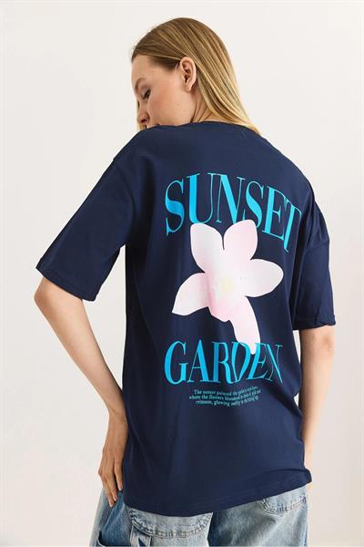 Önü ve Arkası Sunset Baskılı Bisiklet Yaka Tshirt