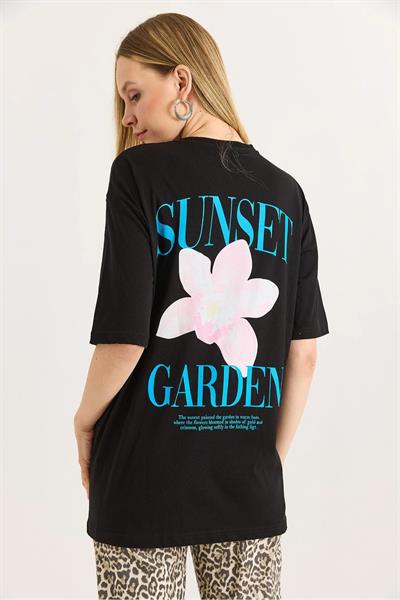 Önü ve Arkası Sunset Baskılı Bisiklet Yaka Tshirt