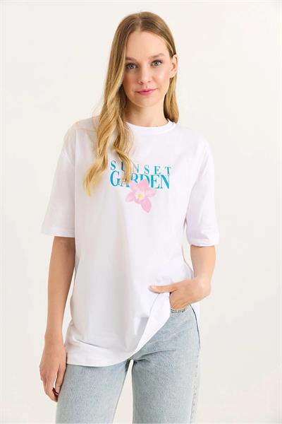 Önü ve Arkası Sunset Baskılı Bisiklet Yaka Tshirt