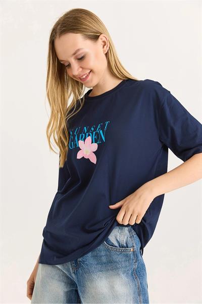 Önü ve Arkası Sunset Baskılı Bisiklet Yaka Tshirt