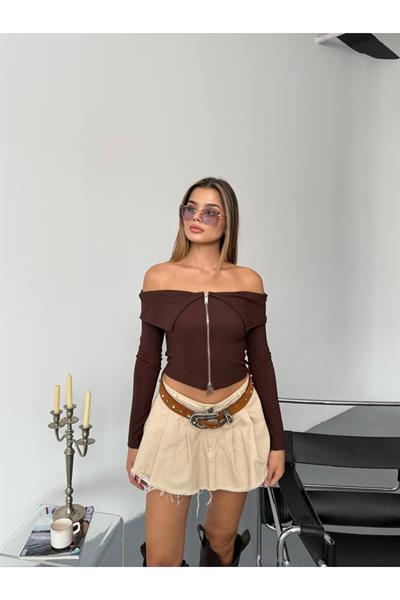 Ottoman Kumaş Madonna Yaka Çift Fermuarlı Crop Bluz