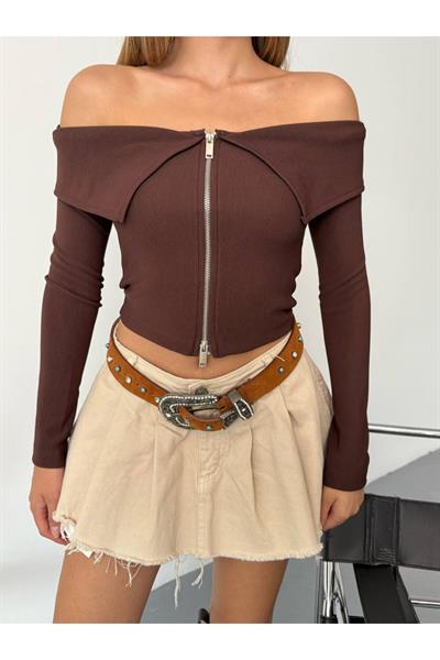 Ottoman Kumaş Madonna Yaka Çift Fermuarlı Crop Bluz