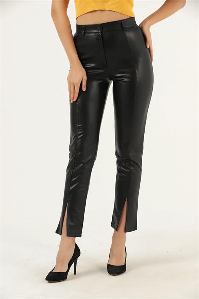 Paça Yırtmaçlı Deri Pantolon