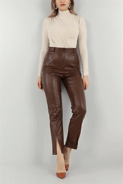 Paça Yırtmaçlı Deri Pantolon