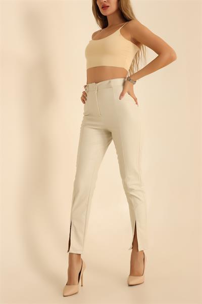 Paça Yırtmaçlı Deri Pantolon