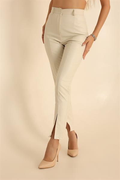 Paça Yırtmaçlı Deri Pantolon