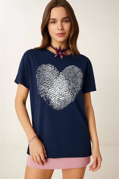 Parmak İzi Desen Kalpli Salaş Tshirt