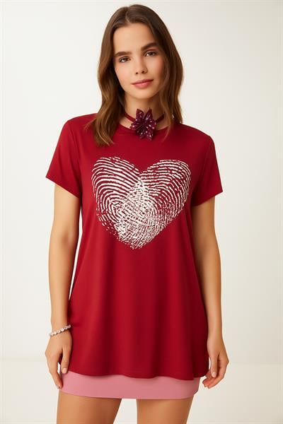 Parmak İzi Desen Kalpli Salaş Tshirt