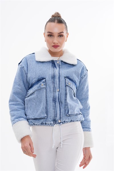 Peluş Detaylı Kot Mont