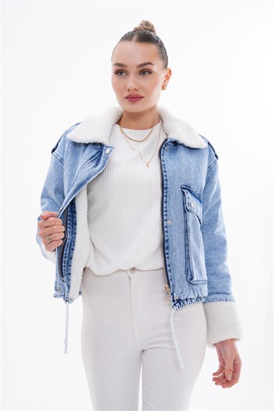 Peluş Detaylı Kot Mont
