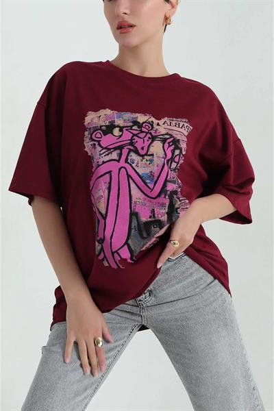Pembe Panter Baskılı Oversize Tshirt