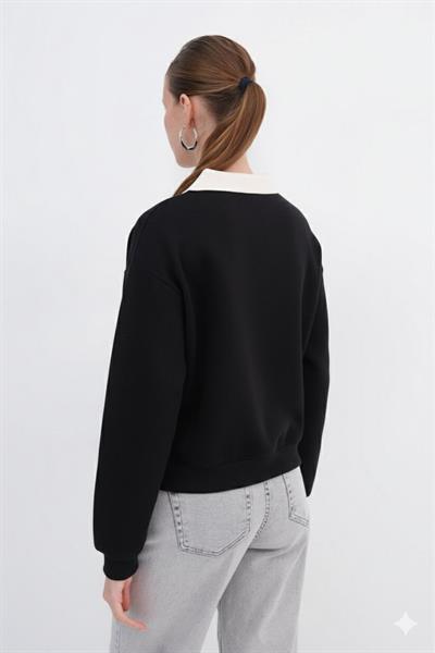 Polo Yakalı Nakış İşlemeli Sweatshirt