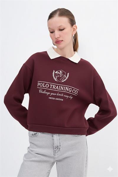 Polo Yakalı Nakış İşlemeli Sweatshirt