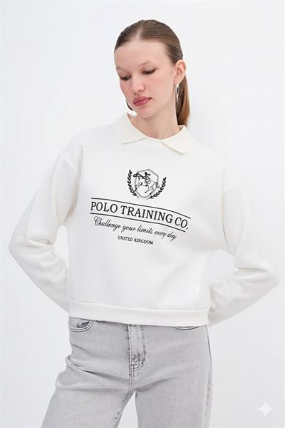 Polo Yakalı Nakış İşlemeli Sweatshirt