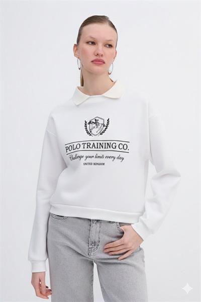Polo Yakalı Nakış İşlemeli Sweatshirt