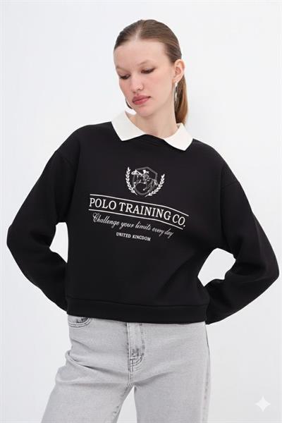 Polo Yakalı Nakış İşlemeli Sweatshirt