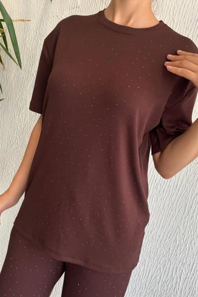 Serpme Taş Detaylı Tshirt Pantolon İkili Takım