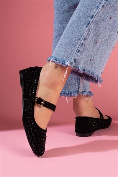 Süet Taş İşlemeli Gold Tokalı Babet