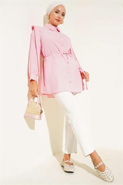 Taş Düğmeli Omuz Pileli Gömlek