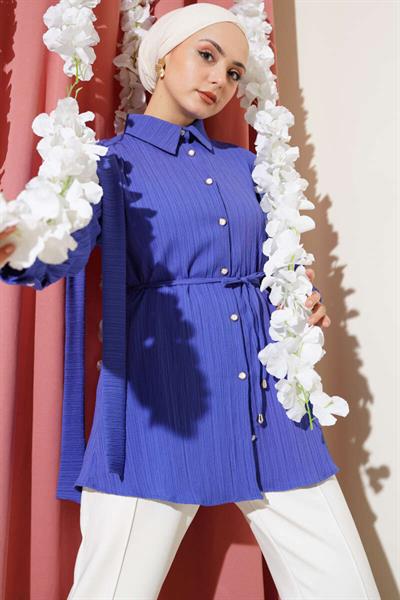 Taş Düğmeli Omuz Pileli Gömlek