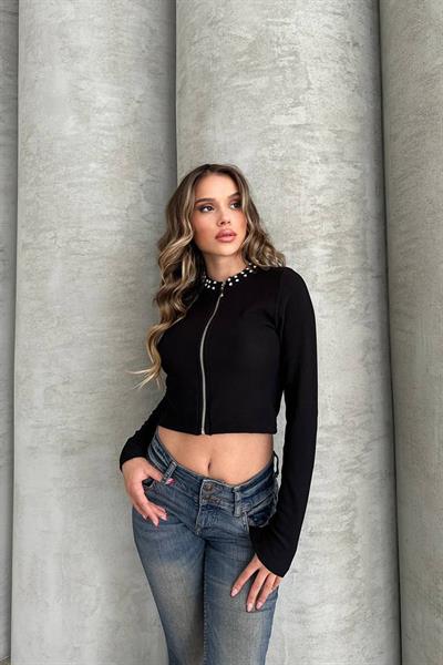 Taşlı Fermuarlı Crop