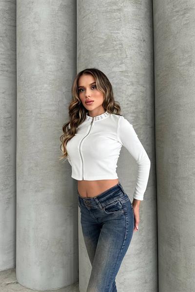 Taşlı Fermuarlı Crop