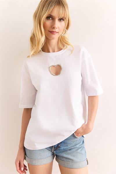 Taşlı Kalp Dekolteli Bisiklet Yaka Tshirt