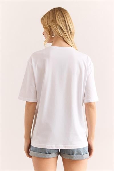 Taşlı Kalp Dekolteli Bisiklet Yaka Tshirt