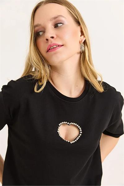 Taşlı Kalp Dekolteli Bisiklet Yaka Tshirt