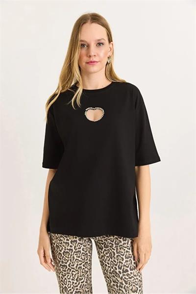 Taşlı Kalp Dekolteli Bisiklet Yaka Tshirt