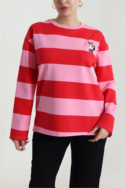 Uzun Kollu Çizgili Ayıcık Nakışlı Sweatshirt